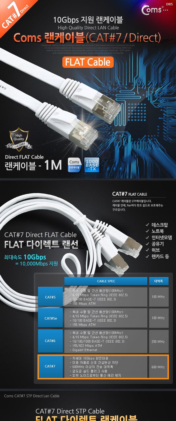 Coms 랜케이블(Direct Cat 7 플랫형) 1M 다이렉트 랜선 LAN RJ45/LAN케이블/LAN/랜케이블/렌케이블/랜선/렌
