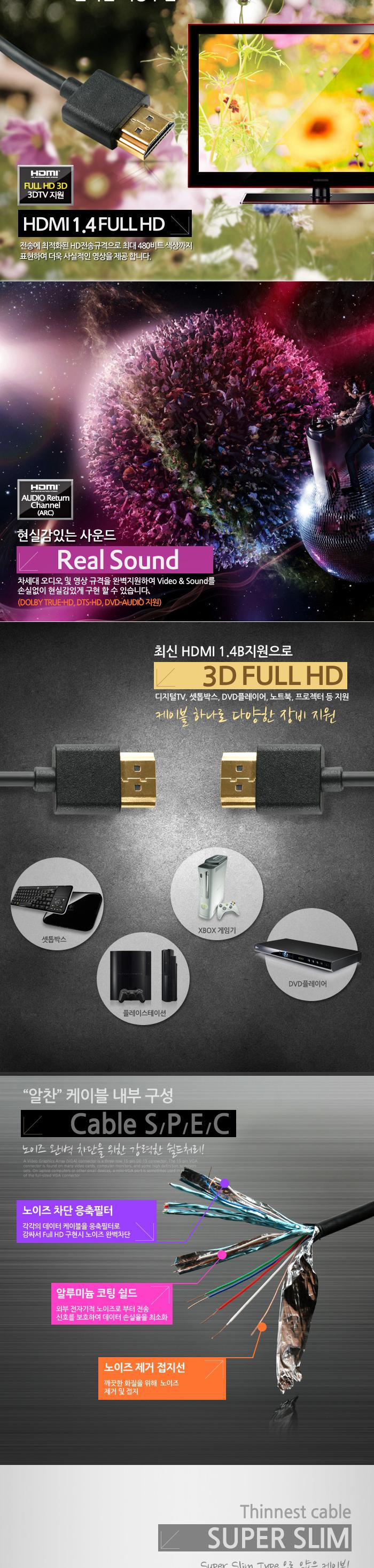 Coms HDMI 케이블(V1.4 초슬림)1.5M 고급 검정 24K 금도금 4K2K/노트북HDMI/HDMI/HDMI보급형/HDMI15M/HDMI