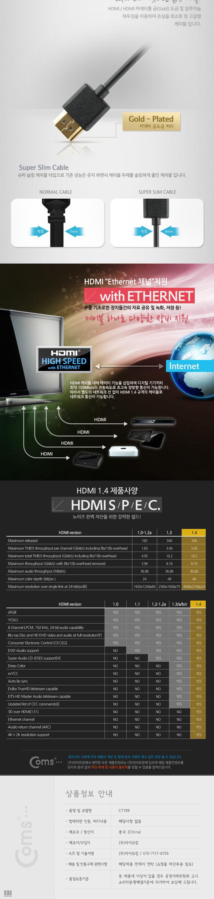 Coms HDMI 케이블(V1.4 초슬림)1.5M 고급 검정 24K 금도금 4K2K/노트북HDMI/HDMI/HDMI보급형/HDMI15M/HDMI