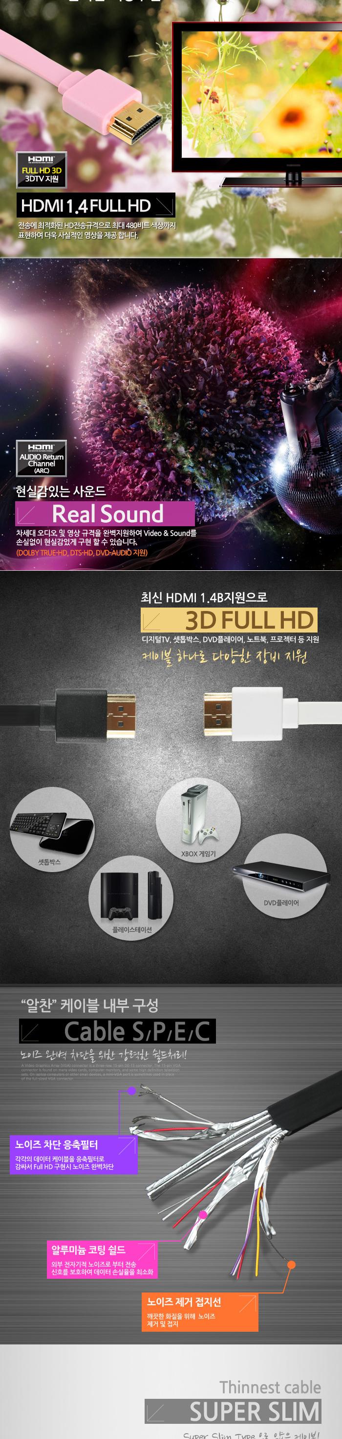 Coms HDMI 케이블(V1.4 FLAT 초슬림)1.5M 고급 핑크 24K 금도금 4K2K/노트북HDMI/HDMI/HDMI보급형/HDMI15M/