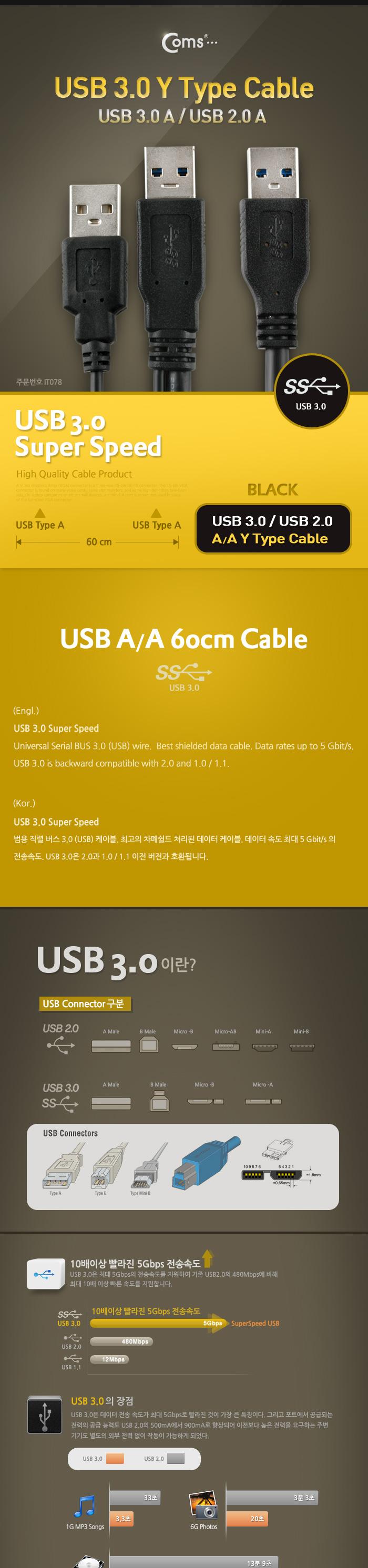 Coms USB 3.0 AA Y형 케이블 젠더 USB 3.0A(M) to USB 3.0A(M)+2.0A(M) 60cm/안테나연장케이블/연장케이블/