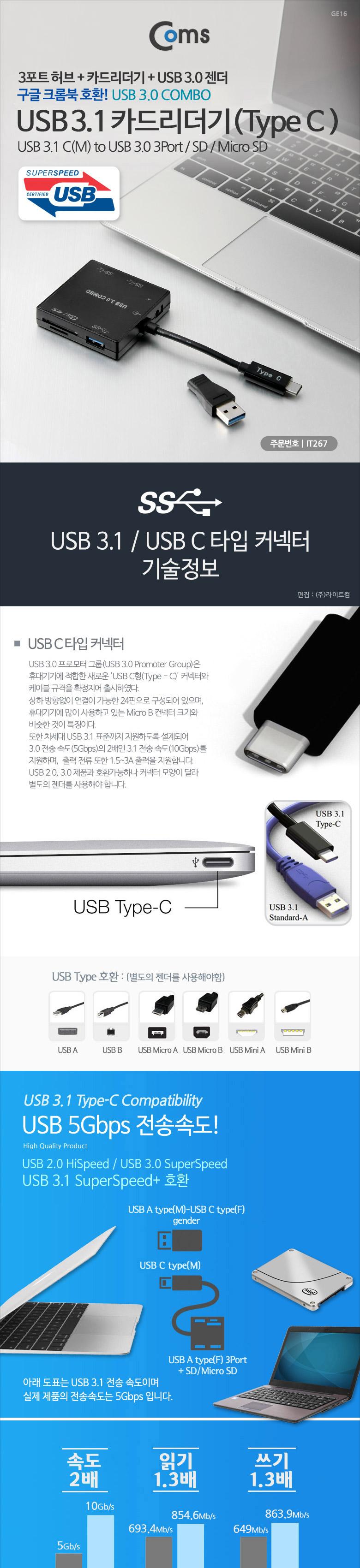 Coms USB 3.1(Type C) 카드리더기. USB 3Port SD Micro SD USB 3.0 젠더/젠더/USB젠더/컴퓨터젠더/PC젠더/