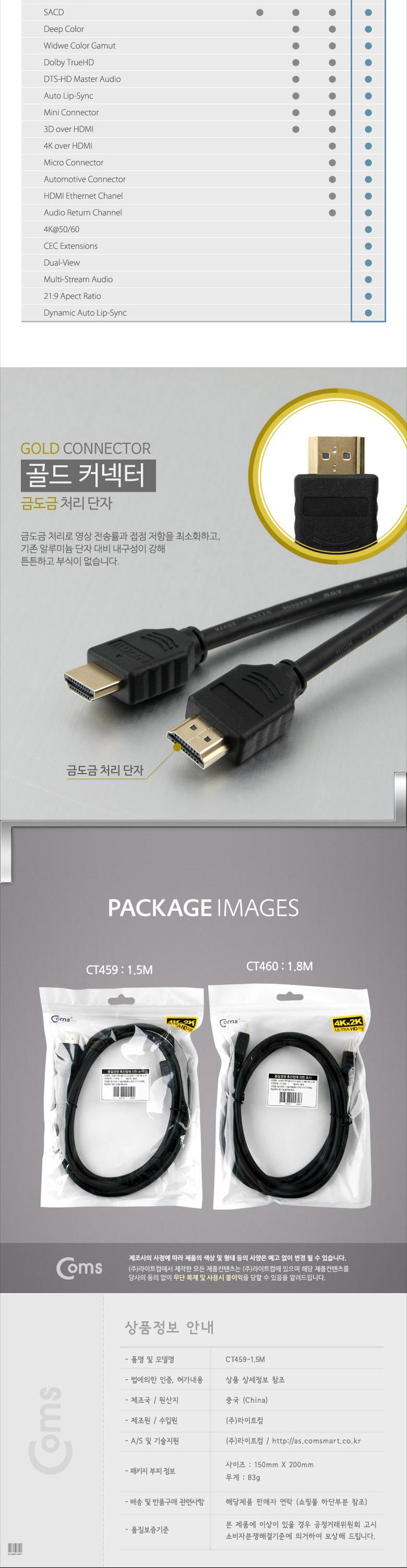 Coms HDMI 2.0 케이블(V2.0 실속) 1.5M . 4Kx2K. 60Hz 지원 금도금 단자 UHD/HDMI선/HDMI연장선/티비노트북