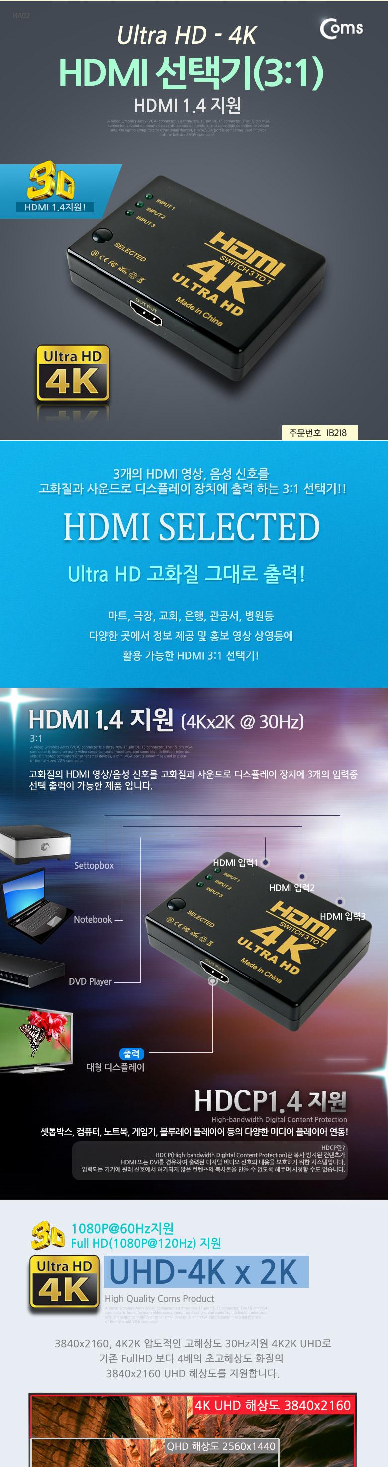 Coms HDMI 선택기 3:1 4K 30Hz/컨버터장비/HDMI컨버터/HDMI변환/네트워크장비/컴퓨터주변기기/영상장비/영