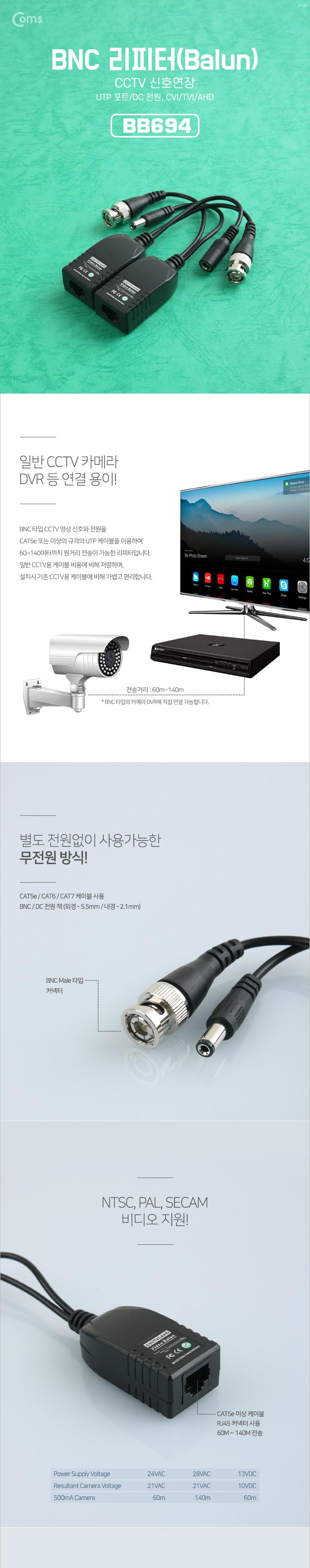 Coms BNC 리피터(Balun). CCTV 신호연장 (UTP 포트 DC 전원. CVI TVI AHD)/CCTV/CCTV녹화기/가정용CCTV/CCT