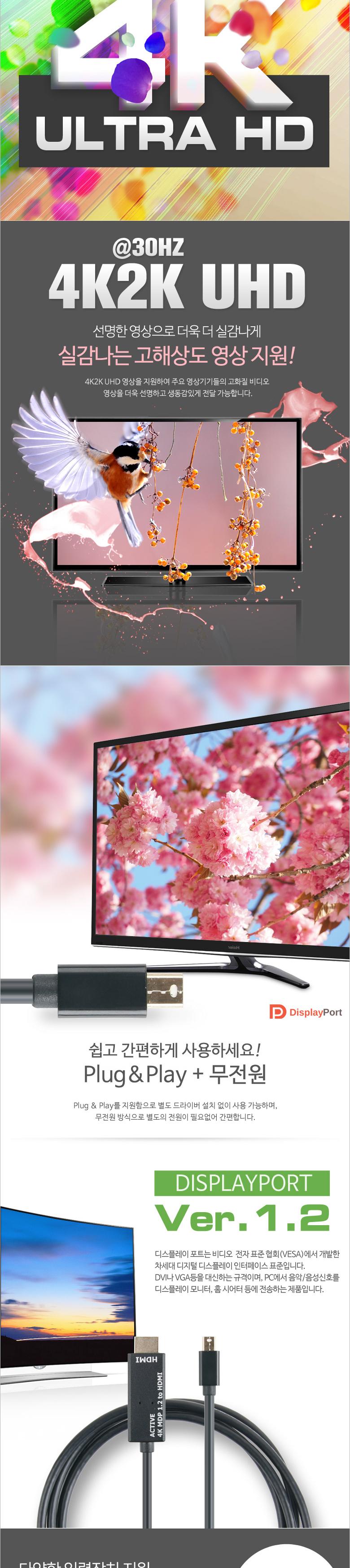 Coms 미니 디스플레이포트 to HDMI 변환 케이블 2M 4K 30Hz UHD 컨버터 Mini DP to HDMI DisplayPort/디스