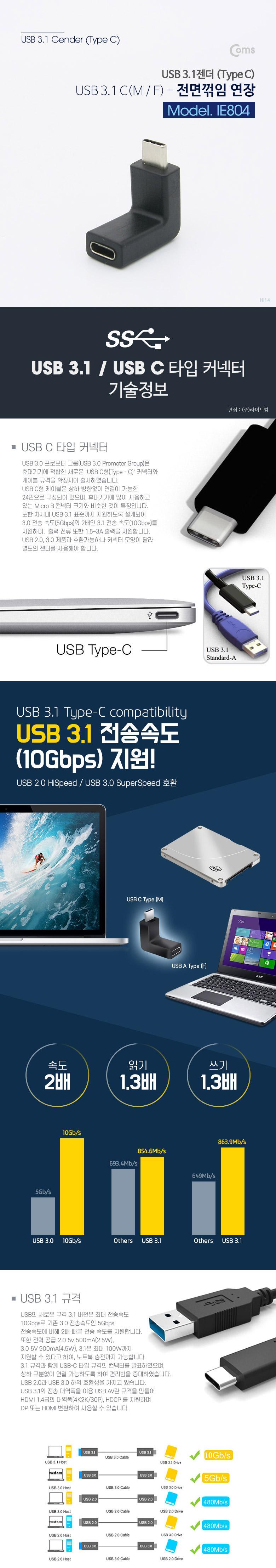 Coms USB Type C 젠더 C to C타입 전면꺾임/케이블/젠더/꺽임젠더/90도상하향꺽임/연장케이블/90도상하향꺽