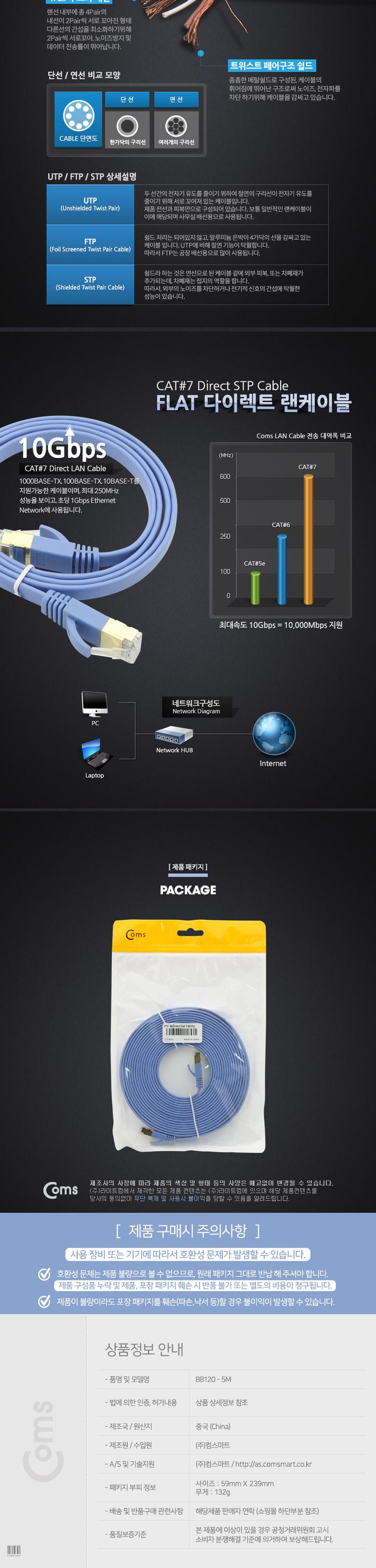 Coms 랜케이블(Direct Cat7 플랫형) 5M 다이렉트 10Gbps 랜선 LAN RJ45/랜케이블/다이렉트랜케이블/랜선/케