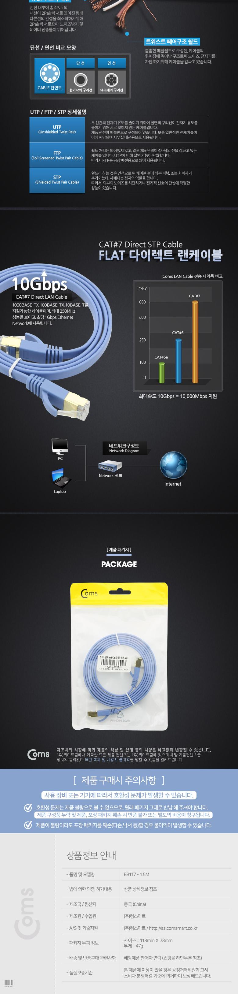 Coms 랜케이블(Direct Cat7 플랫형) 1.5M 다이렉트 10Gbps 랜선 LAN RJ45/랜케이블/다이렉트랜케이블/랜선/
