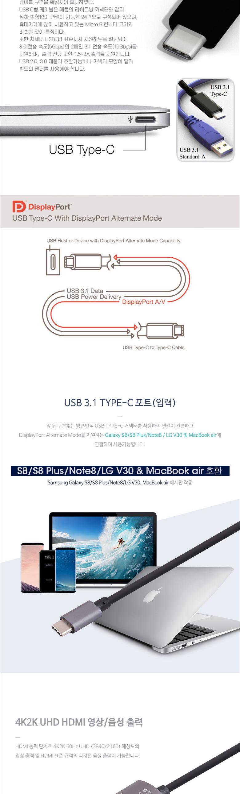 Coms USB 3.1 컨버터 케이블 2M Type-C to HDMI 2.0. 4K 60Hz (갤S8 S8+ 노트8 V30 전용)/컨버터/케이블컨