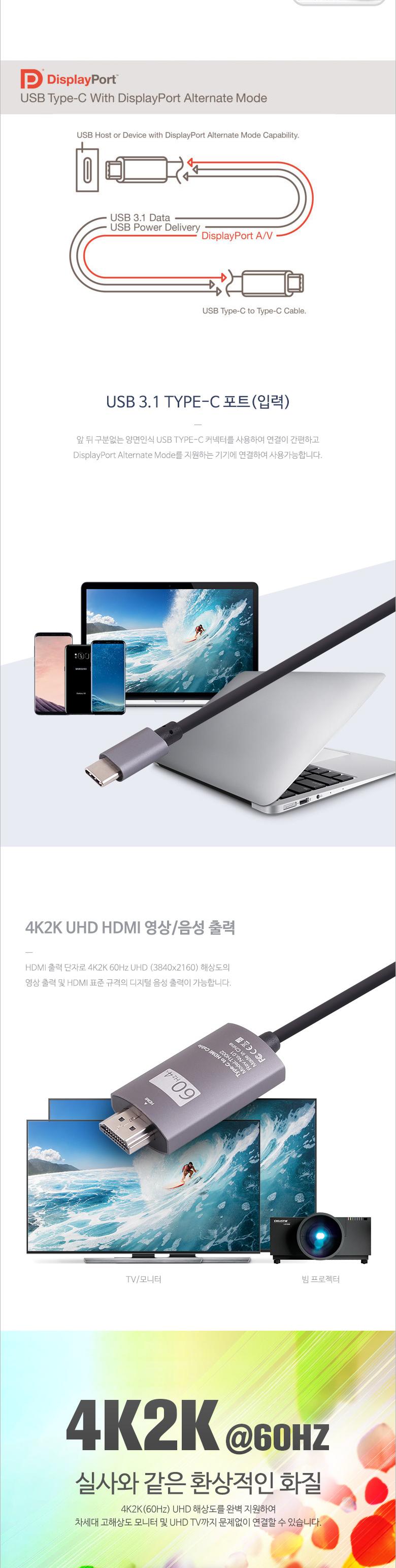 Coms USB 3.1 컨버터 케이블 3M Type-C to HDMI 2.0. 4K 60Hz/컨버터/케이블컨버터/카메라컨버터/케이블전