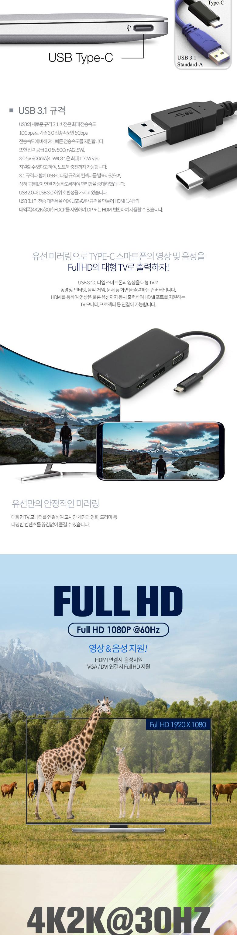 Coms USB 3.1 컨버터 4 in 1 (VGA HDMI DP DVI 변환)/컨버터/USB컨버터/연결컨버터/연결USB컨버터/노트북컨