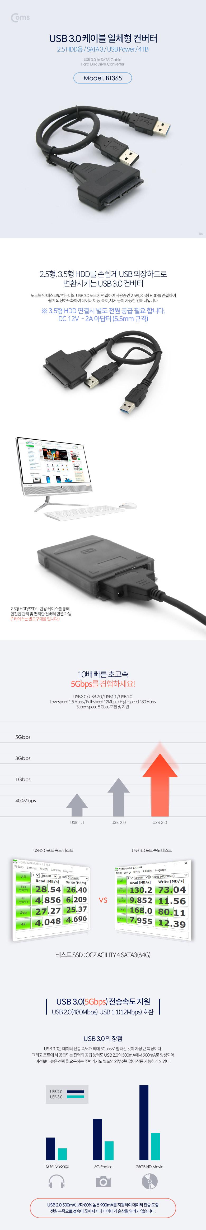 Coms USB 3.0 컨버터 케이블 일체형 (2.5 HDD용 SATA 3) USB Power 4TB/변환컨버터/SATA케이블/SATA변환컨