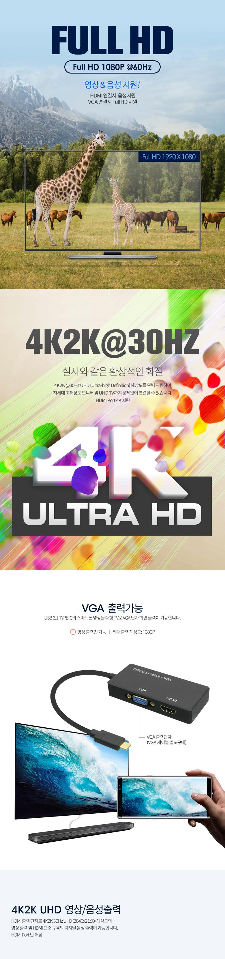 Coms USB 3.1 Type C to HDMI VGA 변환 컨버터 (2개 동시출력 가능) D-SUB RGB/컨버터/변환컨버터/C타입컨