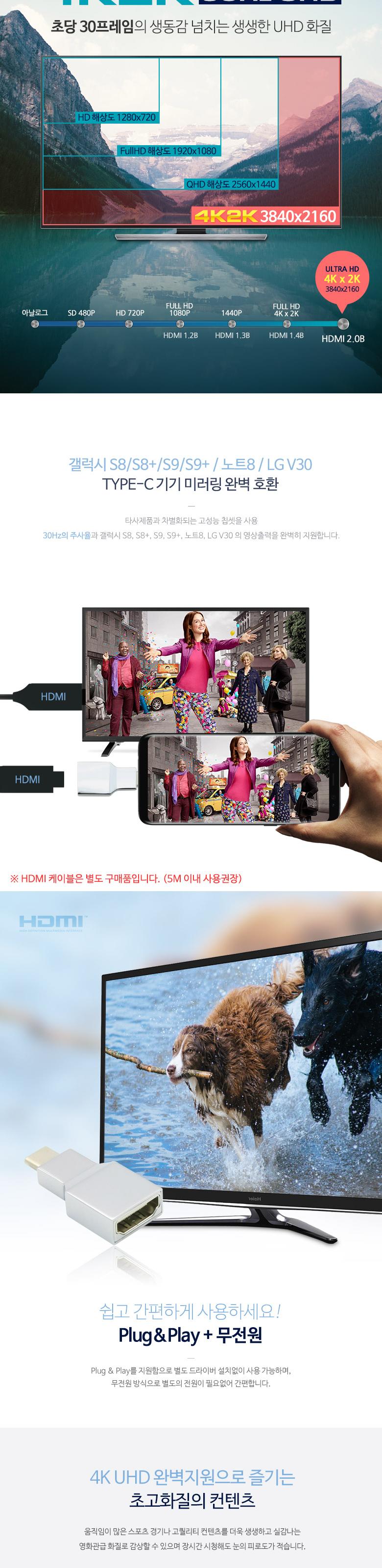 Coms USB 3.1(Type C) to HDMI 컨버터 4K 30Hz (갤S8 S8+ S9 S9+ 노트8 V30 전용)/HDMI커넥터/C타입변환컨
