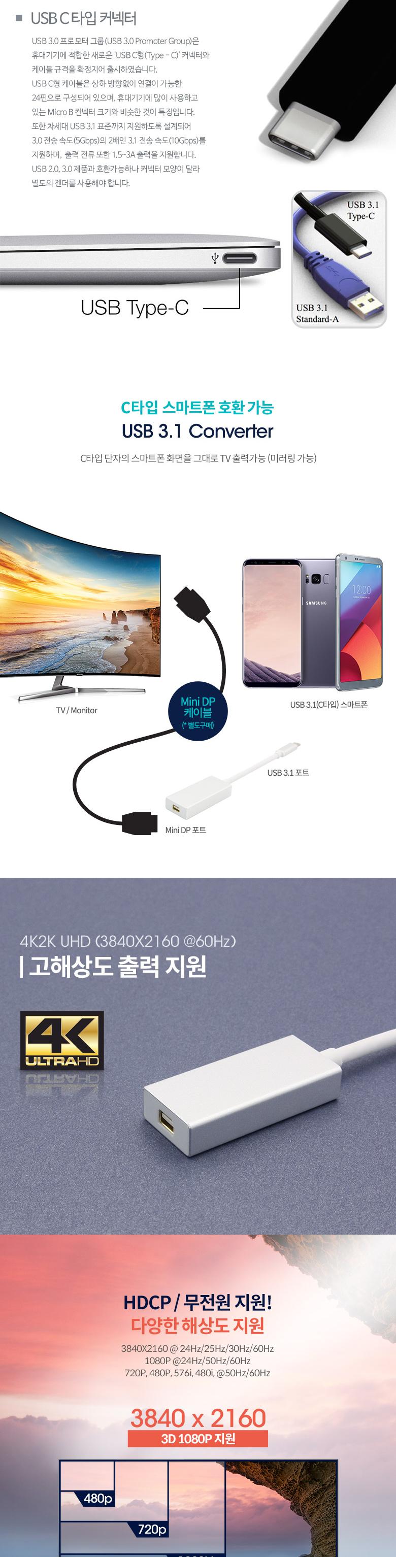 Coms USB 3.1 컨버터 Mini DP 변환 16cm 4K2K 60Hz Type to Mini DP F/컨버터/컴퓨터컨버터/PC컨버터/네트