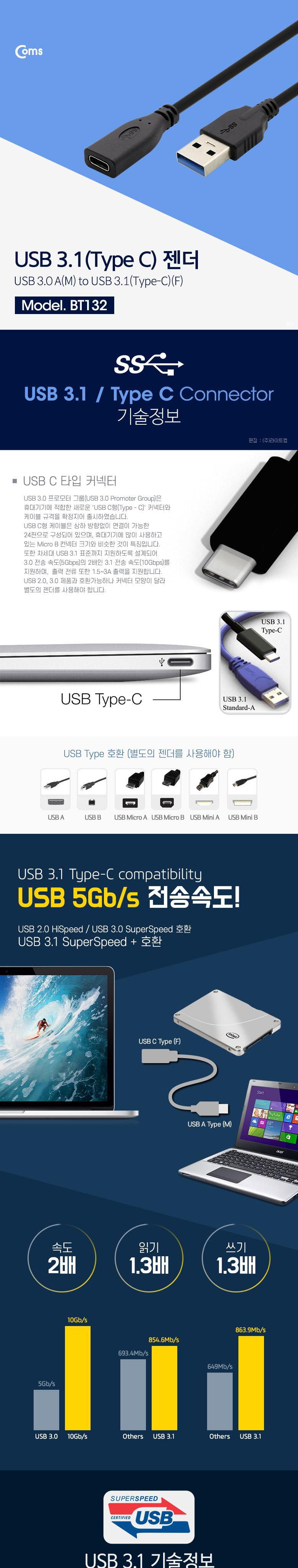 Coms USB 3.1 Type C 변환젠더 케이블 20cm C타입 F to USB 3.0 A M/젠더/컴퓨터젠더/PC젠더/네트워크젠더/