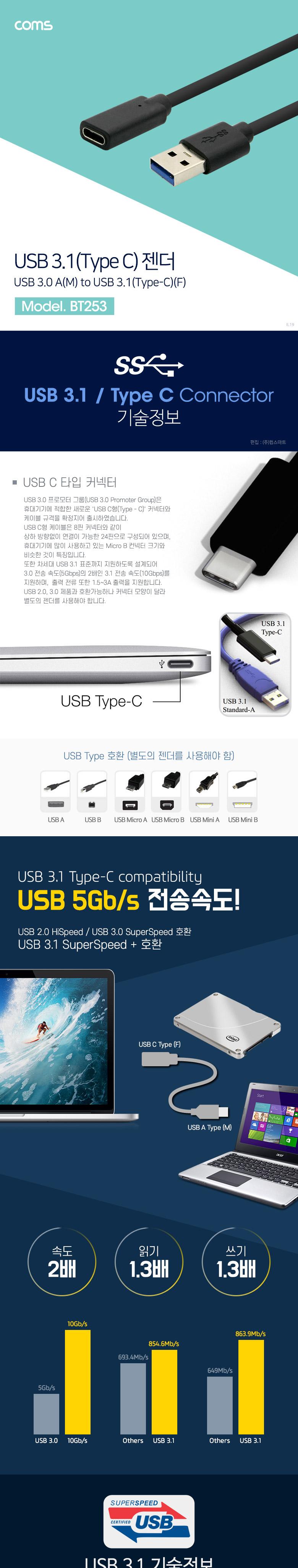 Coms USB 3.1 Type C 변환젠더 케이블 20cm C타입 F to USB 3.0 A M/컴퓨터액세서리/PC액세서리/젠더/USB젠