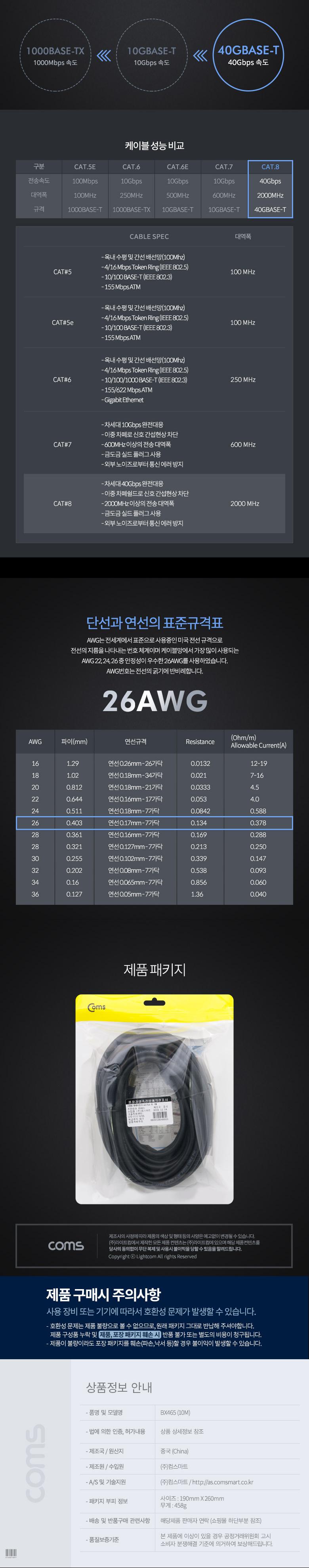 Coms 기가비트 랜케이블(Direct Cat8) 10M 다이렉트 Gigabit LAN 40Gbps 26AWG Fluke Test 랜선 LAN RJ45/