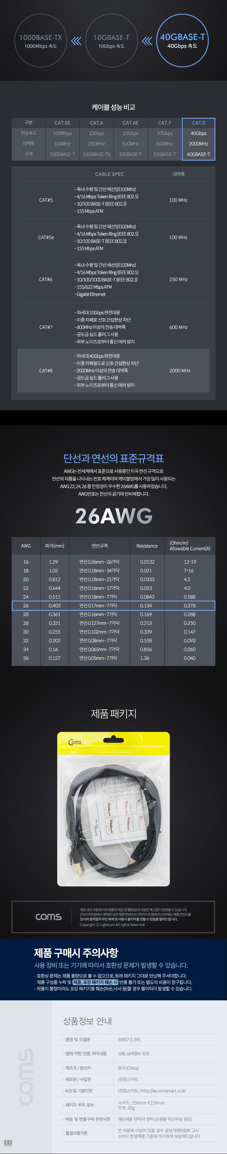 Coms 기가비트 랜케이블(Direct Cat8) 1.5M 다이렉트 Gigabit LAN 40Gbps 26AWG Fluke Test 랜선 LAN RJ45/