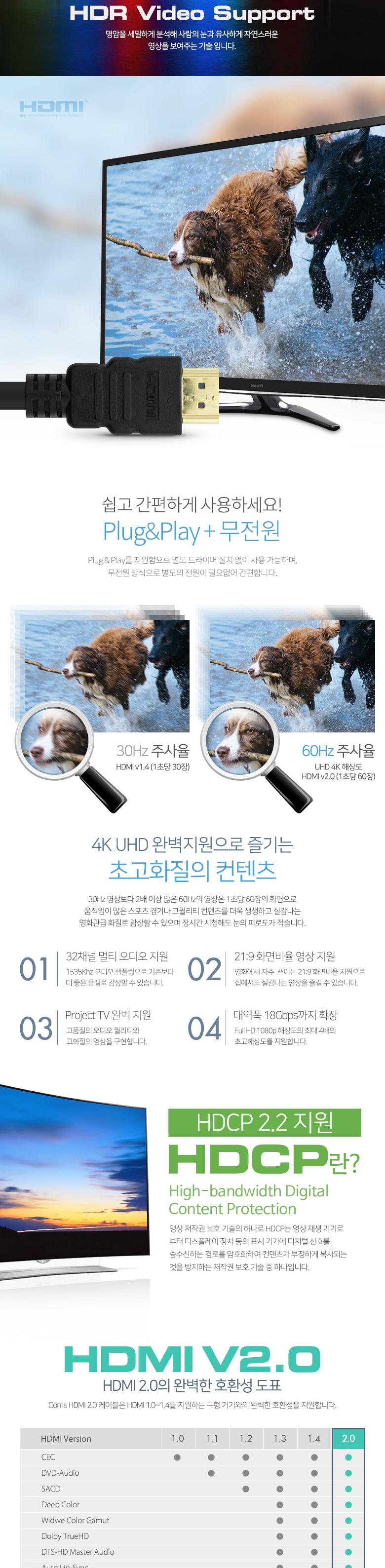 Coms 8K UHD HDMI 케이블(V2.1) 1M 8K 60Hz 지원 (7680X4320)/HDMI케이블/영상케이블/연결케이블/영상연결