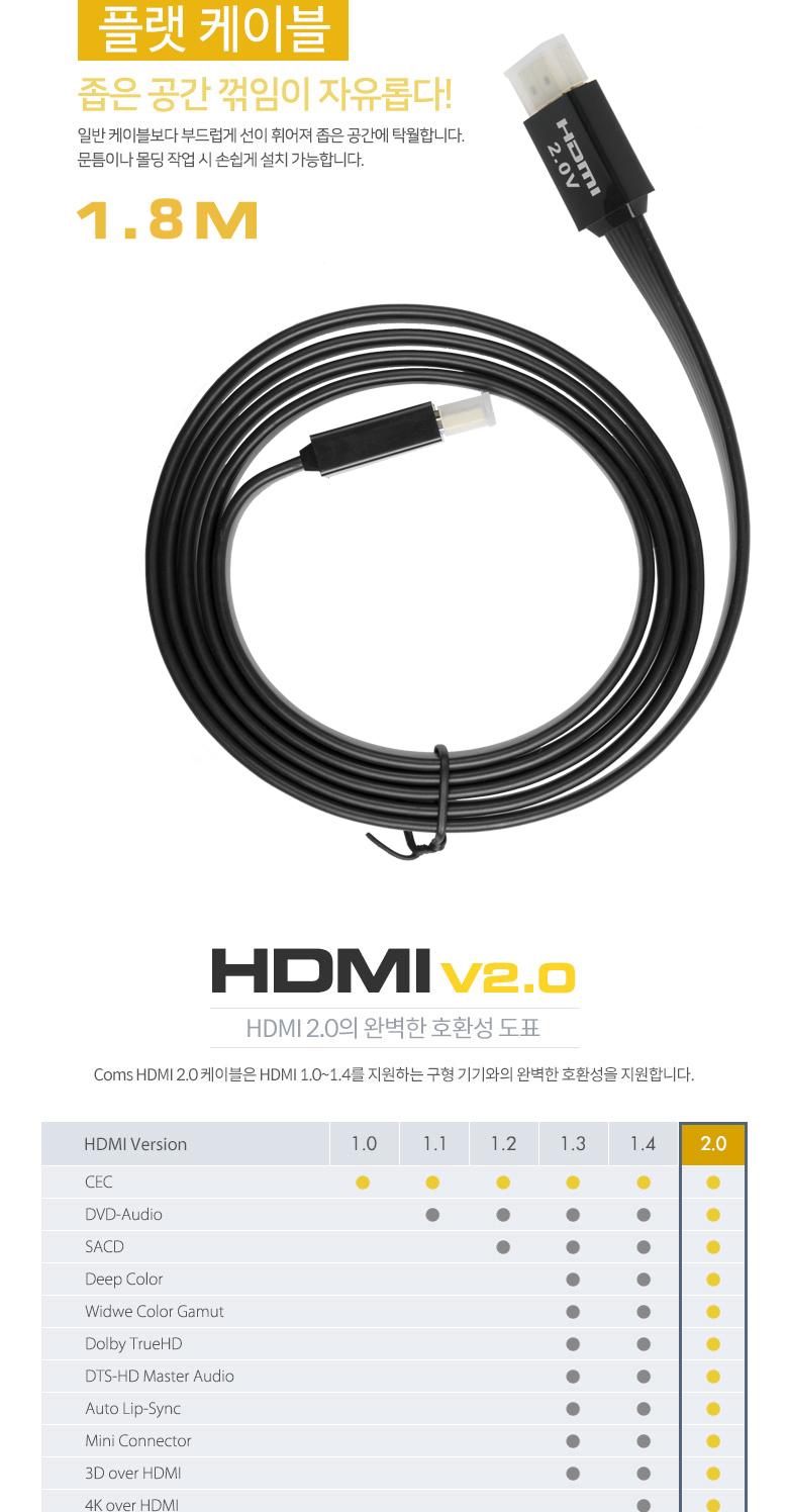 Coms HDMI 2.0 케이블( V2.0 플랫형 FLAT ) 1.8M/HDMI케이블/케이블/연결케이블/HDMI연장케이블/HDMI연결케