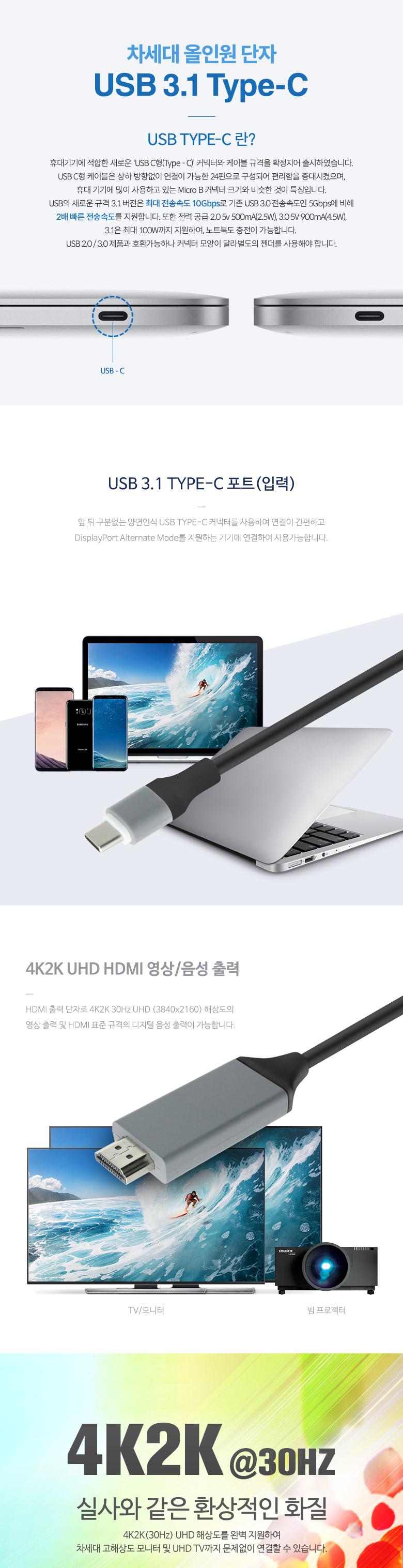 Coms USB 3.1 컨버터 케이블. 2M Type C to HDMI 변환 검정/케이블/컴퓨터케이블/컴퓨터용케이블/광케이블/