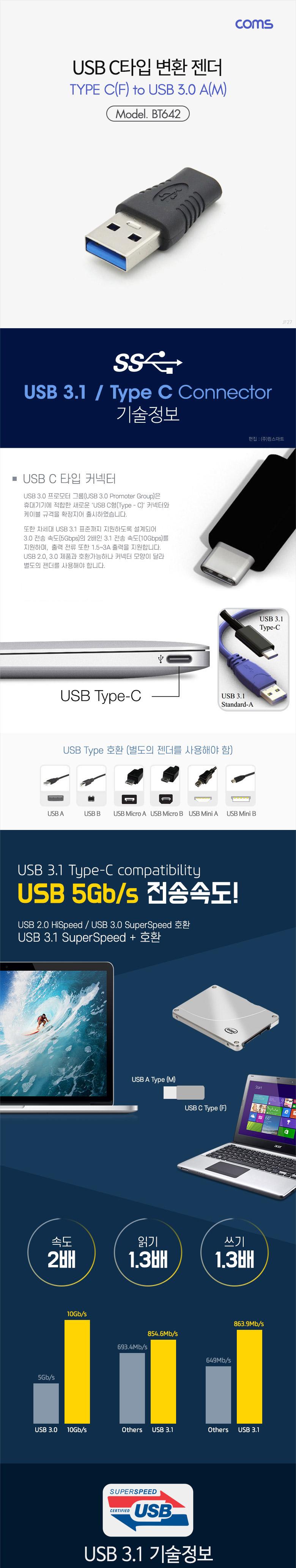 Coms USB 3.1 Type C 변환젠더 C타입 F to USB 3.0 A M/C타입젠더/C타입변환젠더/변환컨버터/USB젠더/USB컨