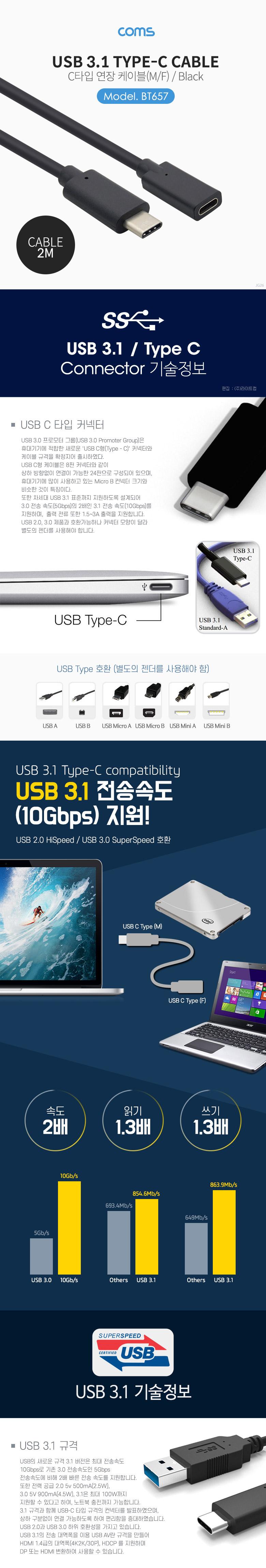 Coms USB 3.1 Type C 연장 케이블 2M C타입 to C타입/케이블/USB케이블/C타입케이블/연장케이블/네트워크케