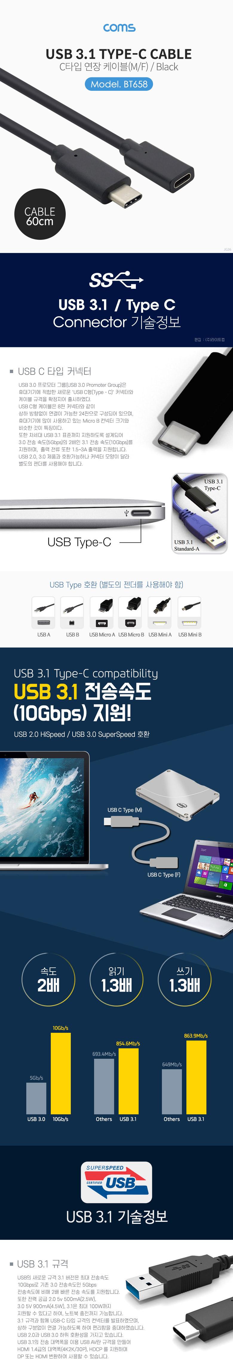 Coms USB 3.1 Type C 젠더 C타입 to C타입 60cm/케이블/USB케이블/C타입케이블/연장케이블/네트워크케이블/