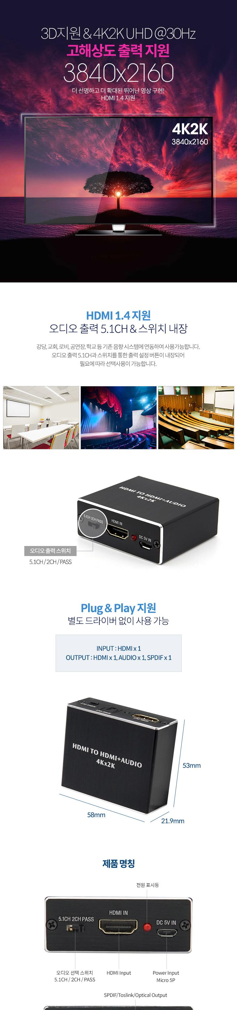 Coms HDMI 오디오 컨버터 HDMI to HDMI+SPDIF+스테레오 3.5mm 4K 30Hz/컨버터/PC컨버터/컴퓨터컨버터/네트