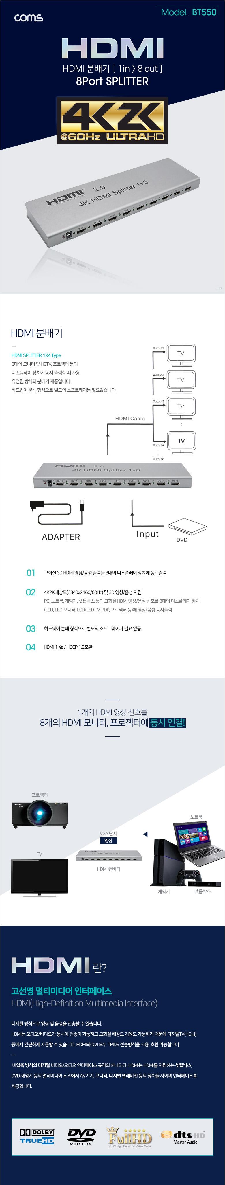 Coms HDMI 분배기 1:8 4K 60Hz/영상분배기/모니터분배/비디오분배기/HDMI분배기/모니터분배기/HDMI분배/PC