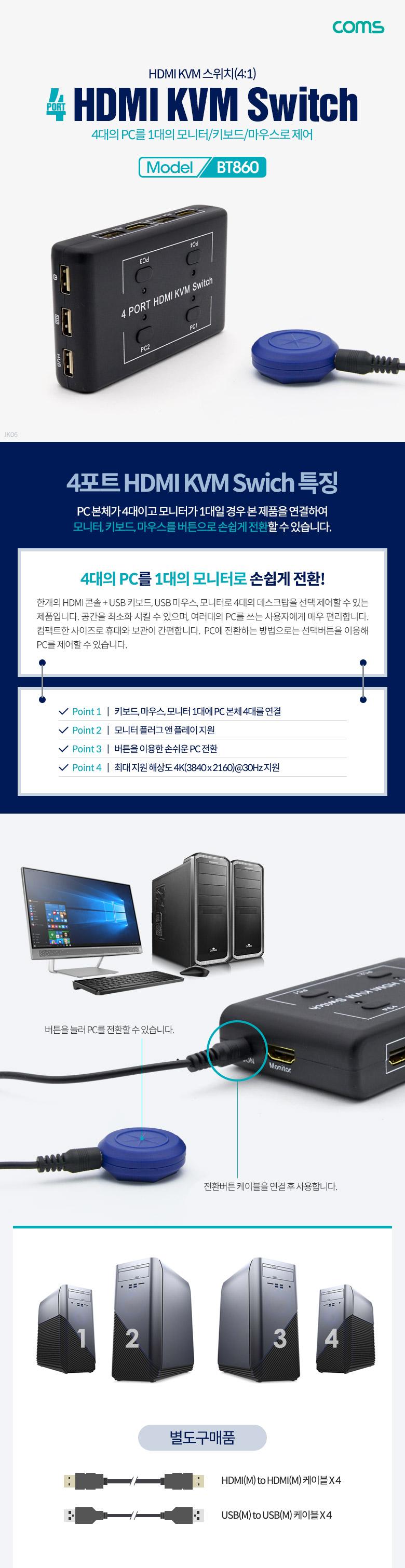 Coms 4포트 HDMI KVM 스위치 (4:1)/KVM/KVM스위치/네트워크KVM/네트워크장비/4포트KVM스위치/네트워크스위