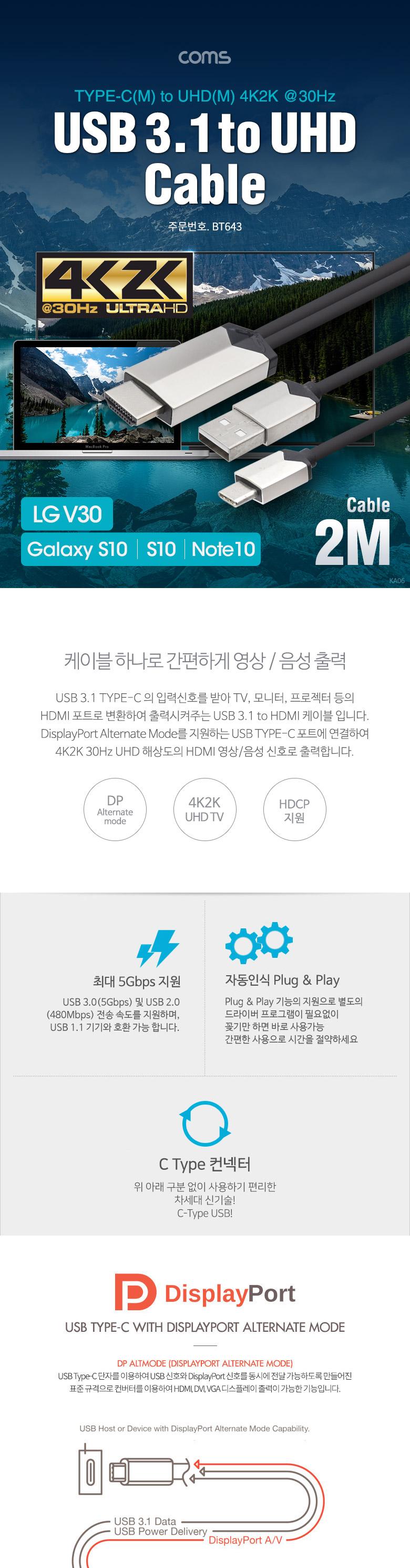 Coms USB 3.1 to HDMI 컨버터 케이블 2M Type C to UHD 4K USB 충전/케이블/컴퓨터케이블/PC케이블/컨버터