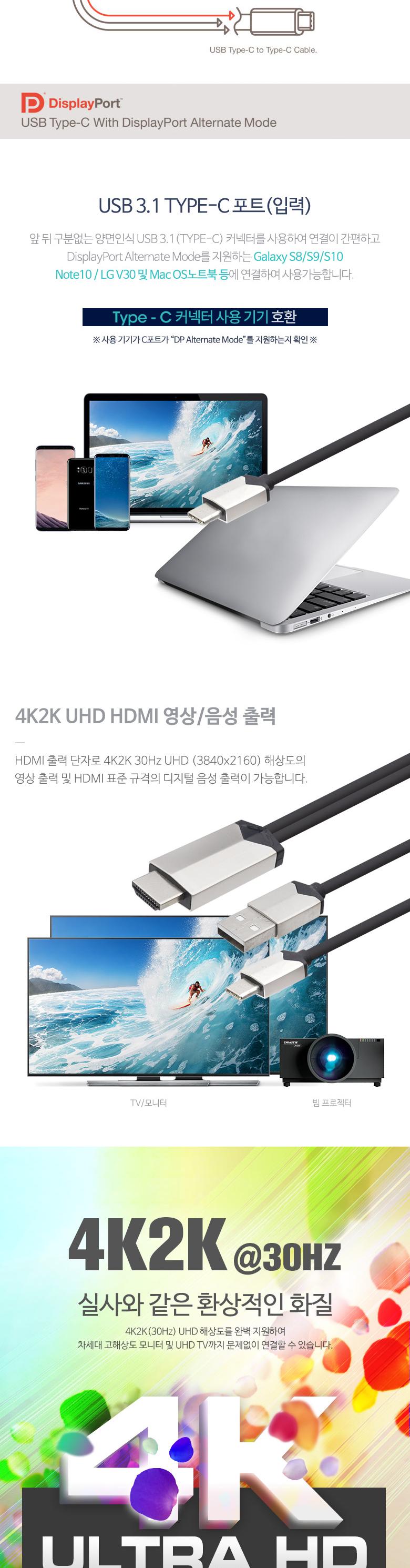 Coms USB 3.1 to HDMI 컨버터 케이블 2M Type C to UHD 4K USB 충전/케이블/컴퓨터케이블/PC케이블/컨버터