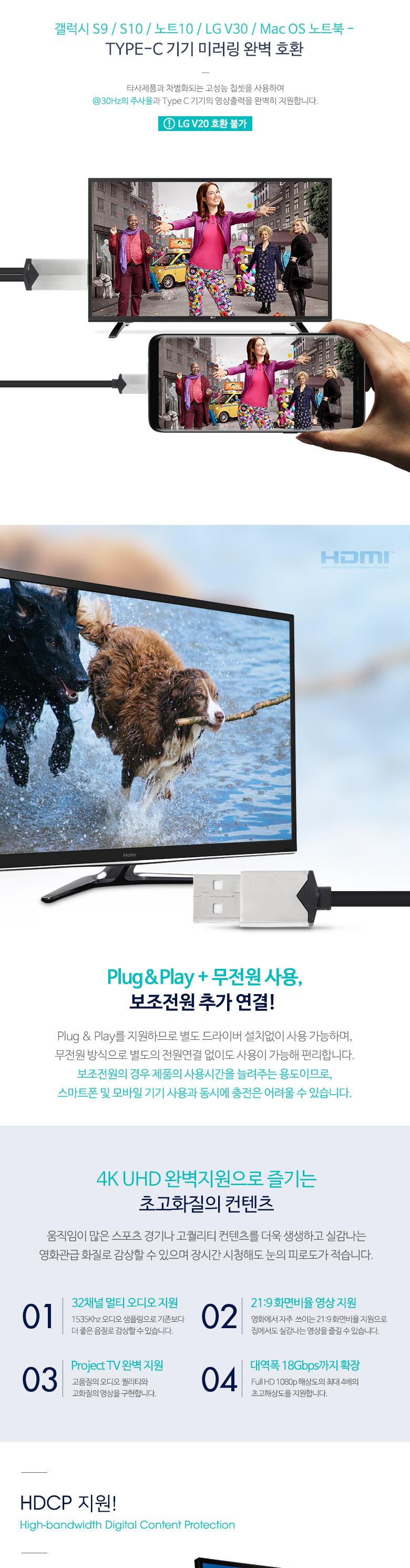Coms USB 3.1 to HDMI 컨버터 케이블 2M Type C to UHD 4K USB 충전/케이블/컴퓨터케이블/PC케이블/컨버터