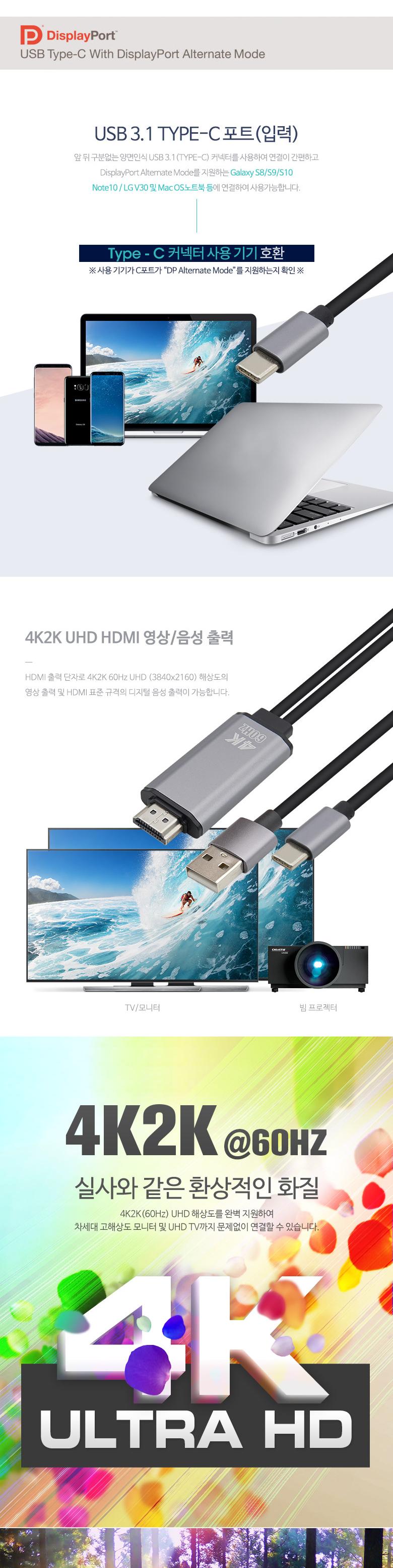 (특가) Coms USB 3.1(Type C) 컨버터 케이블 Type C(M) to HDMI(M) USB 보조 전원 3M/케이블/USB케이블/C타