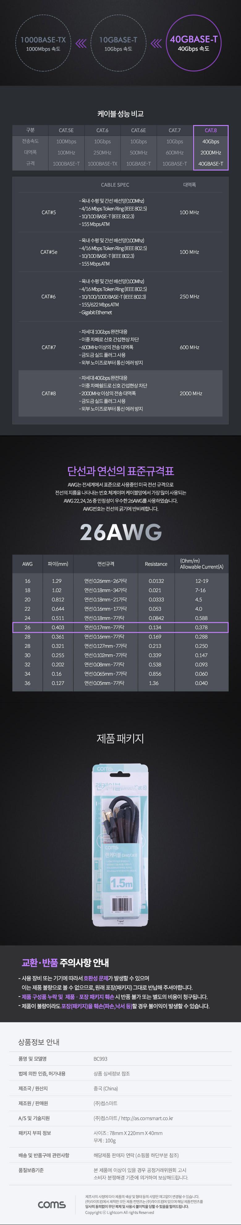 Coms 기가비트 랜케이블(Direct Cat8) 1.5M 다이렉트 Gigabit LAN 40Gbps 26AWG Fluke Test 랜선 RJ45/LAN