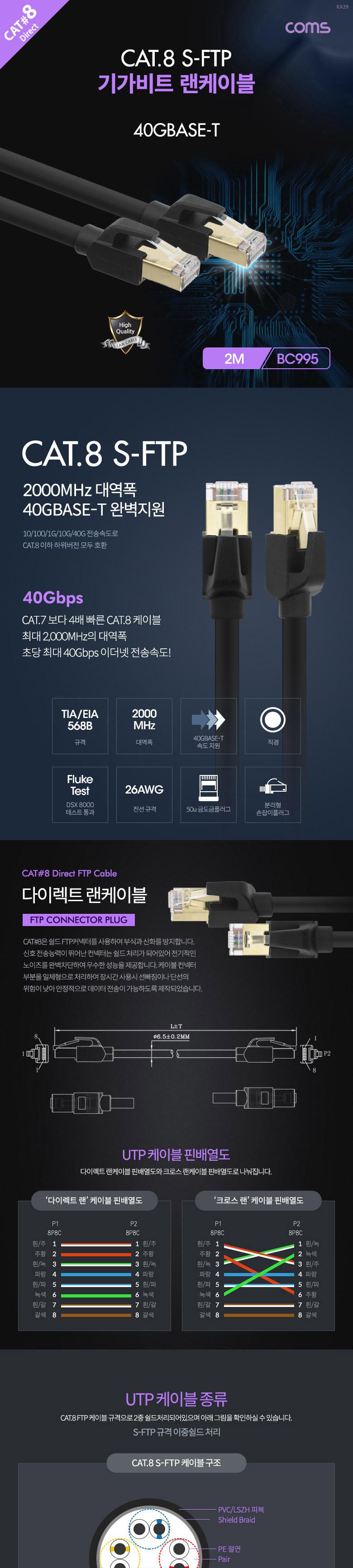 Coms 기가비트 랜케이블(Direct Cat8) 2M 다이렉트 Gigabit LAN 40Gbps 26AWG Fluke Test 랜선 RJ45/LAN케