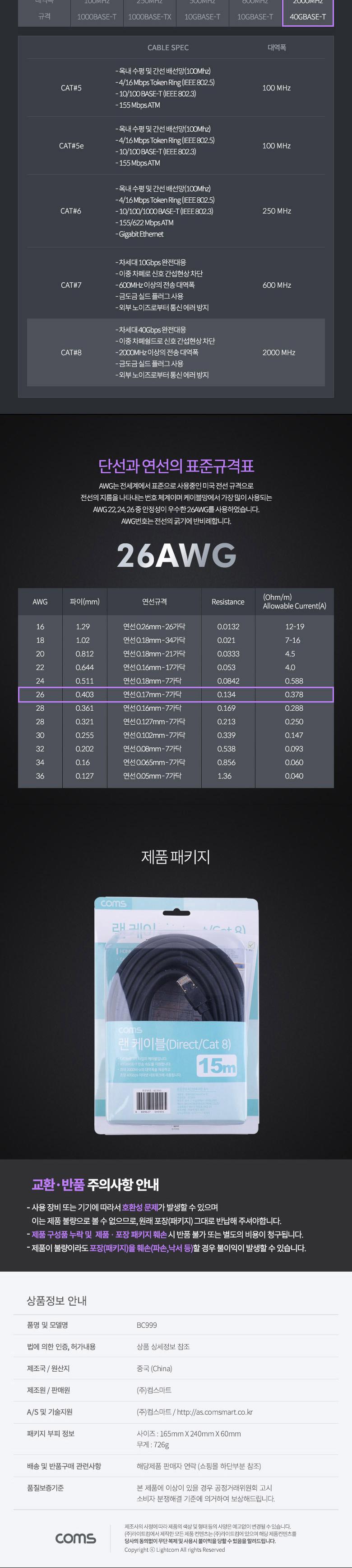 Coms 기가비트 랜케이블(Direct Cat8) 15M 다이렉트 Gigabit LAN 40Gbps 26AWG Fluke Test 랜선 RJ45/LAN케