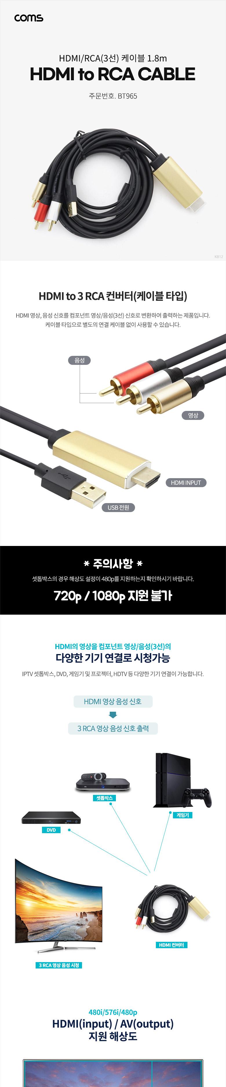 Coms HDMI RCA(3선) 케이블 HDMI 컨버터 (HDMI to AV) USB Power 1.8m/HDMI선/HDMI케이블/HDMI잭/컴퓨터HDM