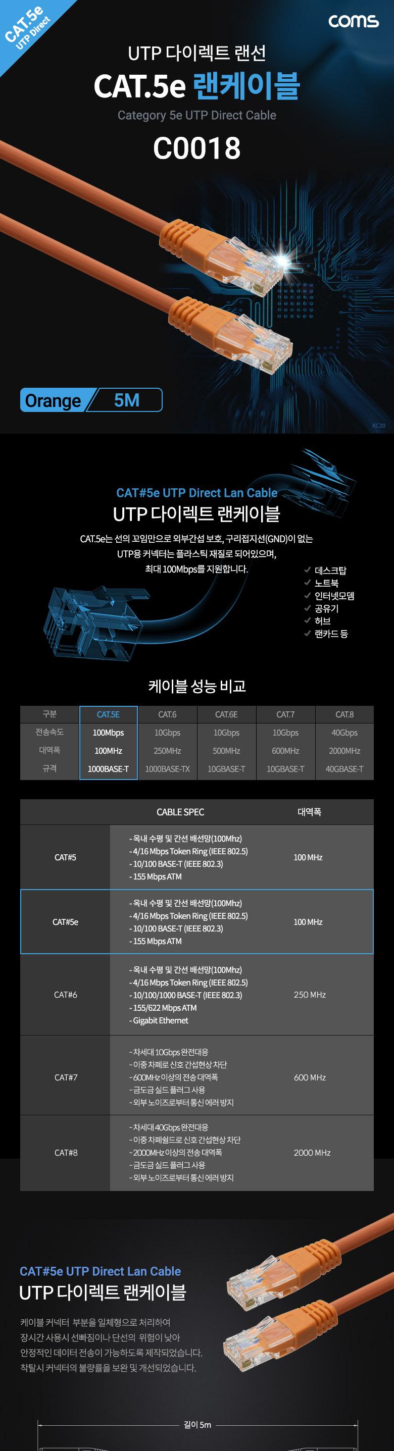 Coms UTP 랜케이블 (Direct Cat5e) 5M 다이렉트 Orange 랜선 LAN RJ45/UTP다이렉트랜선/PC케이블/랜케이블/