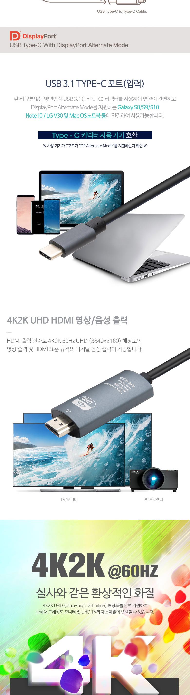 Coms USB 3.1 컨버터 케이블 Type C to HDMI 2M/컨버터케이블/컨버터/케이블/컨버터선/C타입컨버터케이블/C