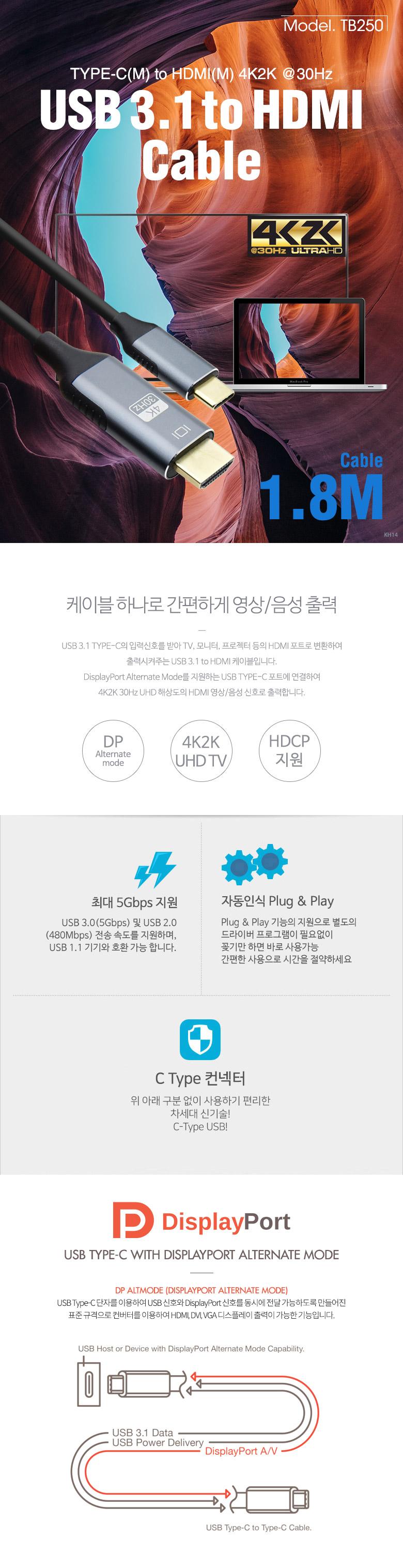 Coms USB 3.1(Type C) to HDMI 컨버터 케이블. 1.8M 4K 30Hz C 타입 호환/HDMI케이블/케이블/연결케이블/HD