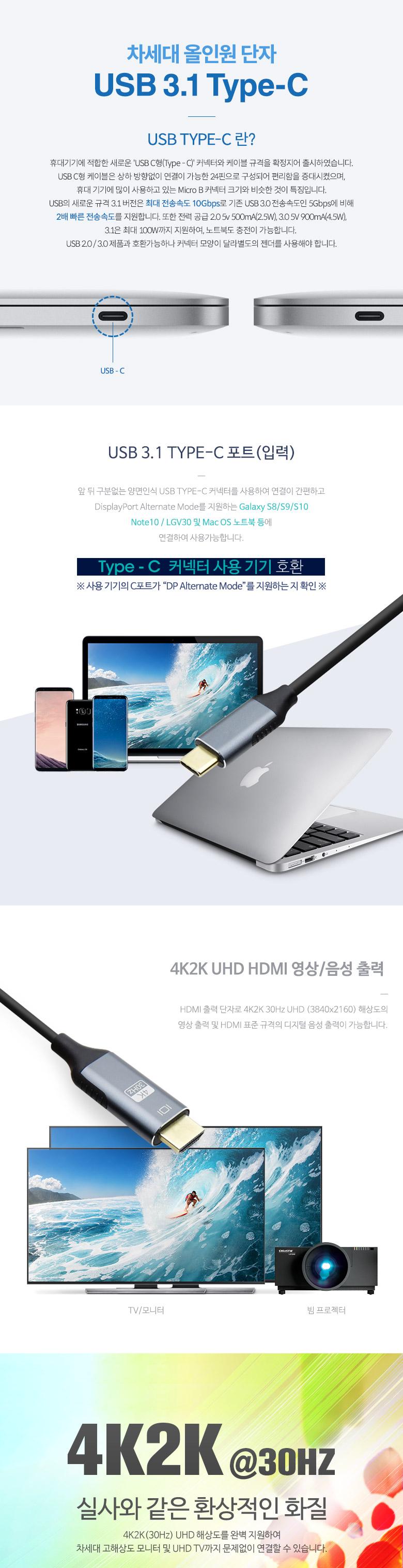 Coms USB 3.1(Type C) to HDMI 컨버터 케이블. 1.8M 4K 30Hz C 타입 호환/HDMI케이블/케이블/연결케이블/HD