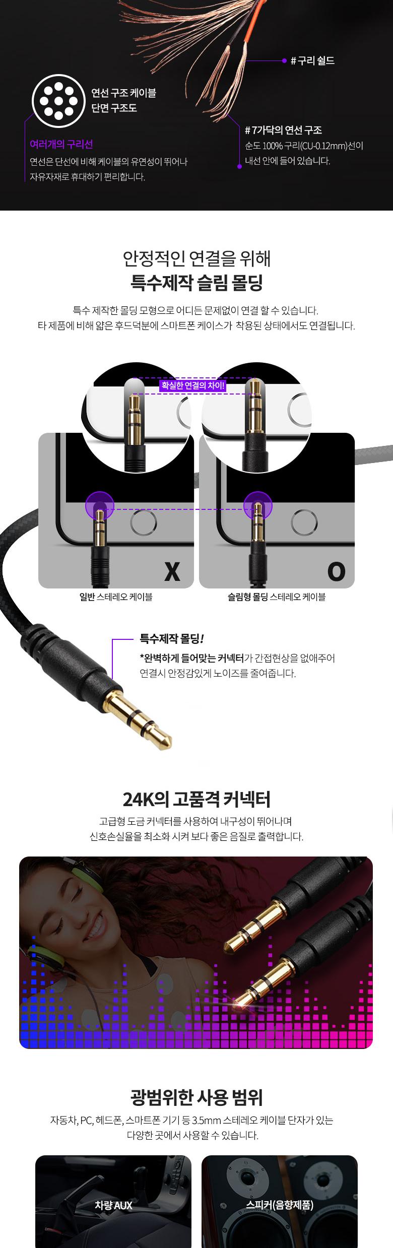 Coms 스테레오 케이블 AUX Stereo 3.5mm 3극 M M 메쉬 100구리 무산소동선 OFC 5M/케이블/스테레오케이블/A