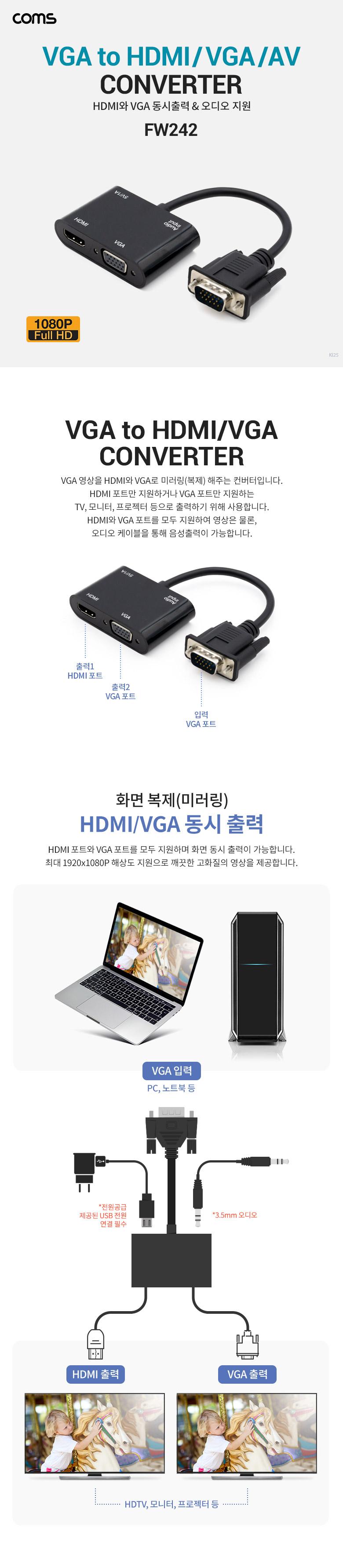 Coms VGA 컨버터 VGA to HDMI VGA 화면복제(미러링) 동시출력 오디오지원/VGA컨버터/VGA젠더/VGATOHDMI/VGA