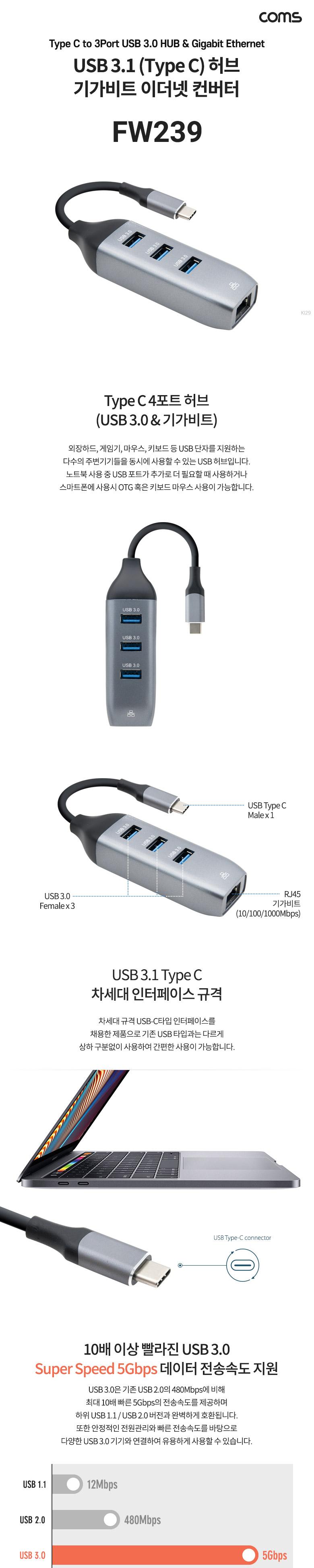 Coms USB 3.1 (Type C) 허브 컨버터 OTG USB 3.0 3포트 기가비트 이더넷 RJ45/허브컨버터/USB3포트허브/USB