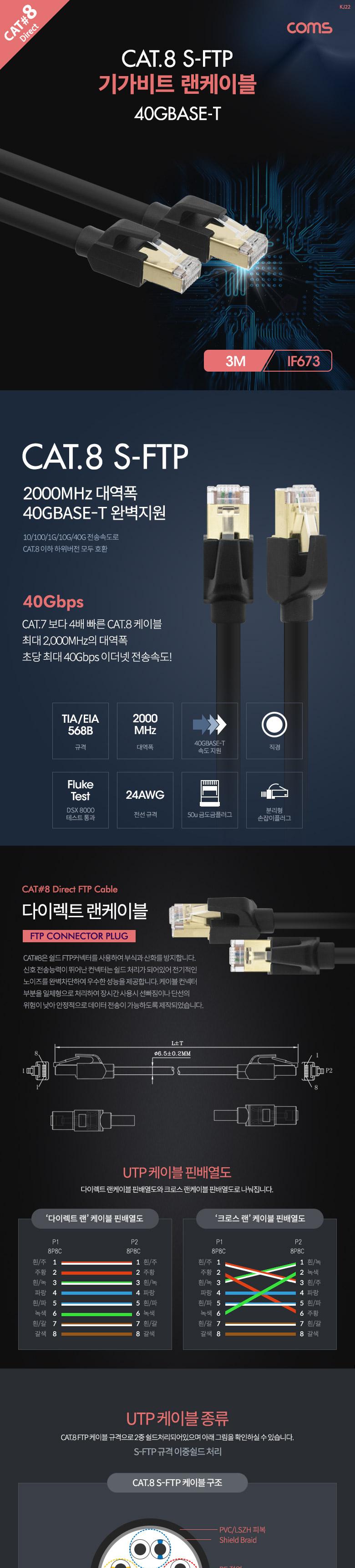 Coms 기가비트 랜케이블(Direct Cat8) 3M 다이렉트 Gigabit LAN 40Gbps 24AWG 랜선 LAN RJ45/케이블선/PC케