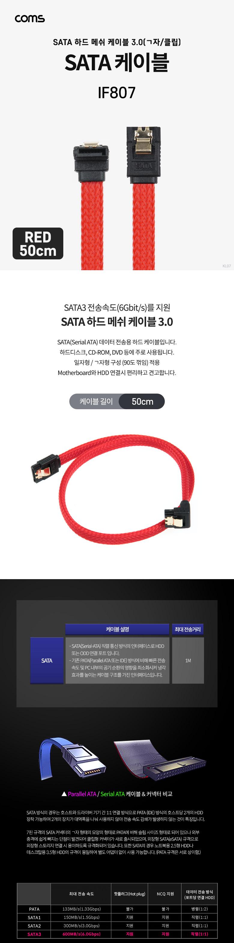 Coms SATA3 하드(HDD) 케이블 6Gbps 클립 플랫 Flat 메쉬 한쪽 정면꺾임(꺽임) 레드 50cm/SATA/SATA케이블/